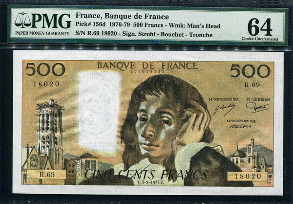 프랑스 France 1977, 500 Francs, P156d, PMG 64 UNC 미사용 귀한년도